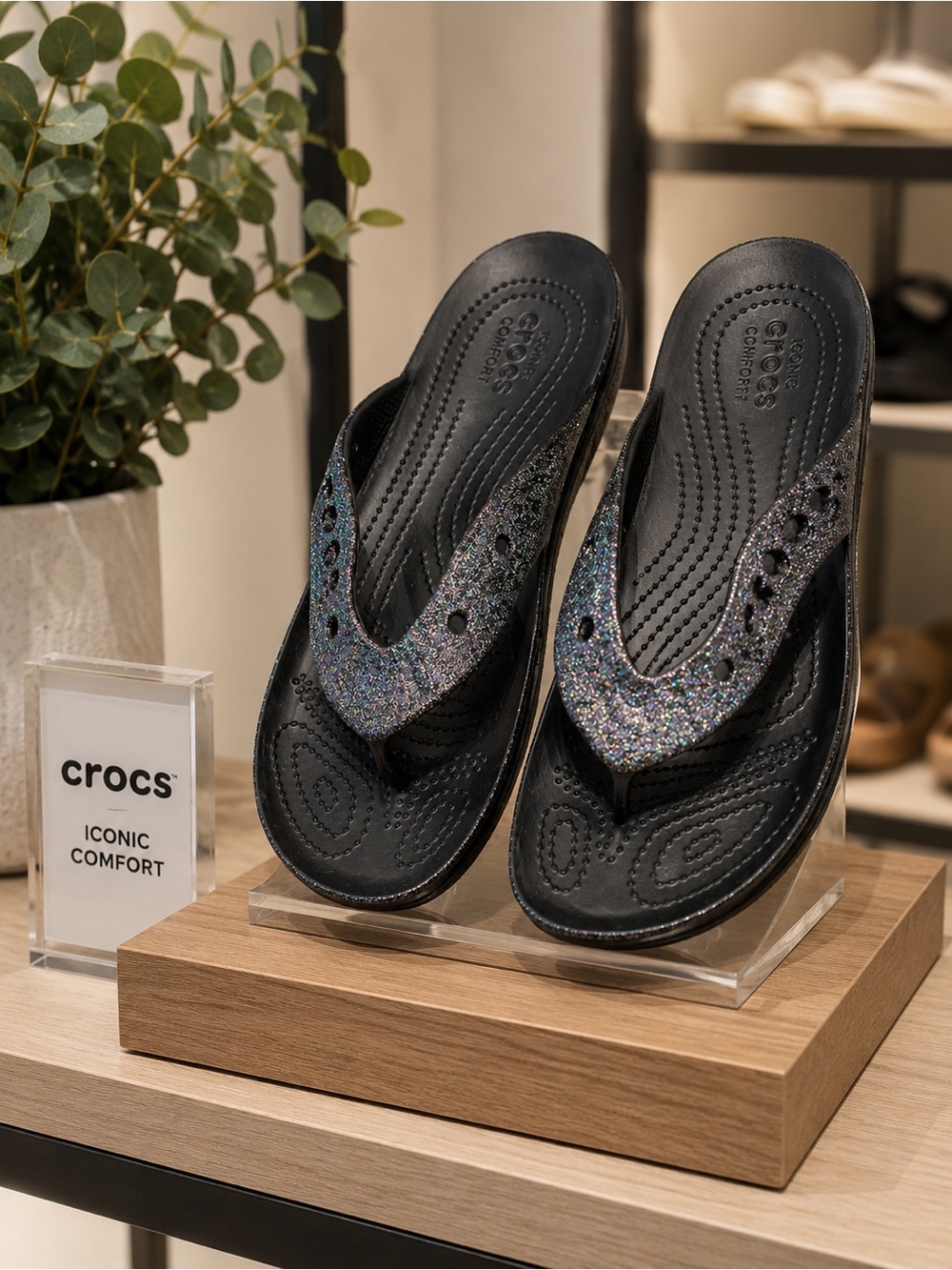 CROCS Black Flip Sandals with Multicolor Glitter Straps